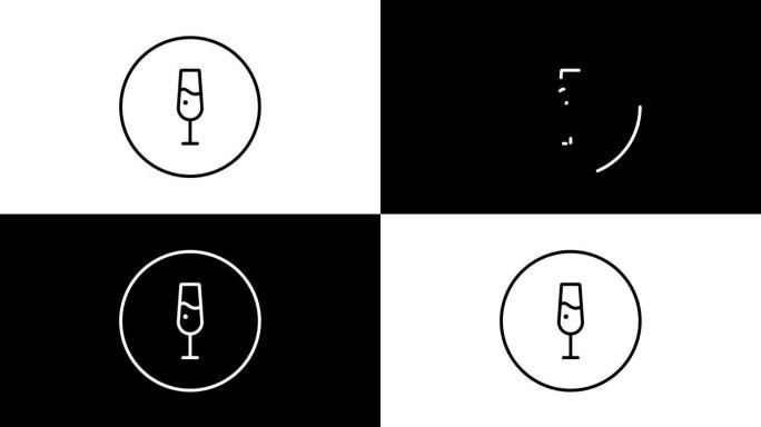 一杯起泡香槟，黑白线图标矢量插图在一个圆圈，视频动画，自画