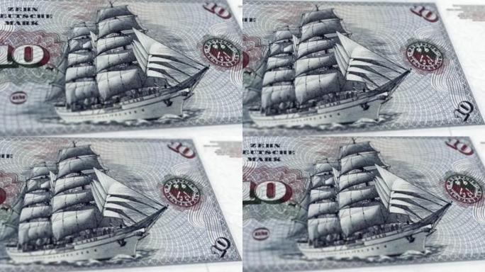德国德国马克10纸币，十德国马克，德国马克的特写和宏观视图，跟踪和多利镜头10德国马克纸币观察和储备