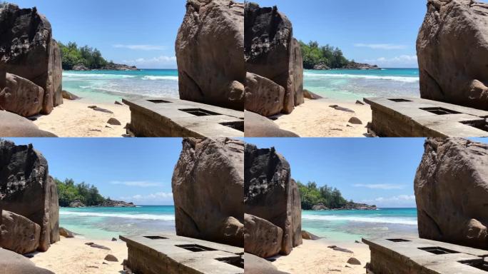 花岗岩岩石的美丽景色，通往海滩另一侧的通道