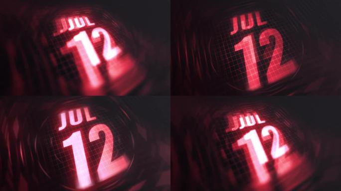 3d运动图形中的7月12日。未来的红外日历和科技发光霓虹灯拍摄，发光二极管纪念等。4k in循环
