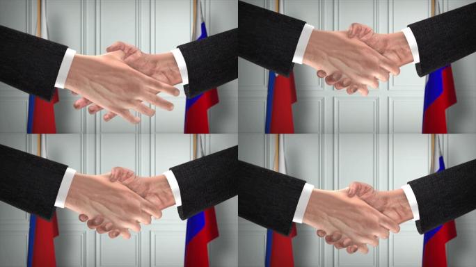 智利和俄罗斯达成协议，政治例证。正式会议或合作，商务见面。商人和政客握手
