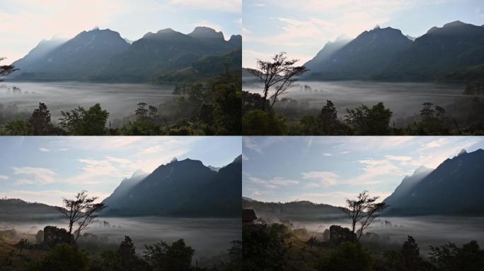 班纳老迈传统部落村的风景，有Doi Luang Chiang Dao山，早上在Chiang Dao有