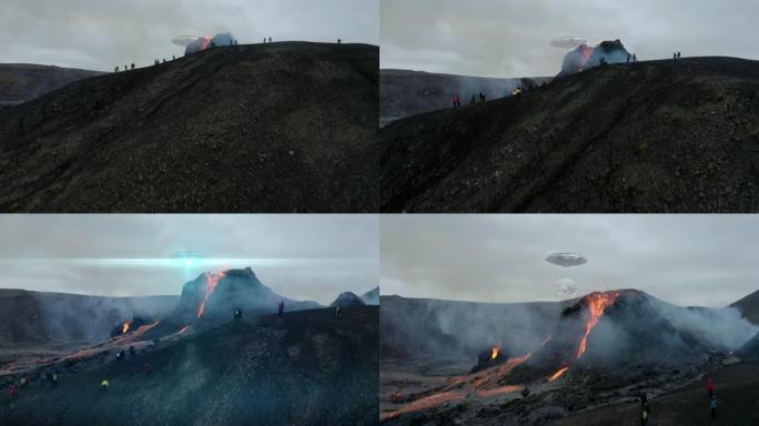 人们观看不明飞行物外星飞船创造火山口-3D VFX动画