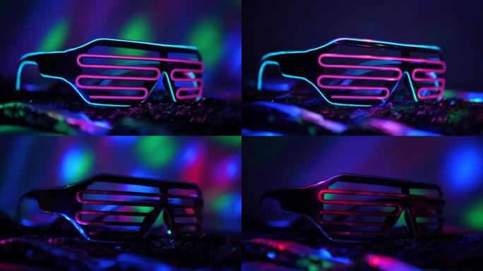 未来的霓虹灯眼镜躺在迪斯科舞厅的亮片上