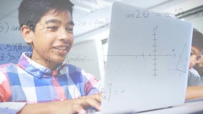 在教室中使用笔记本电脑对男生进行数学方程式的动画