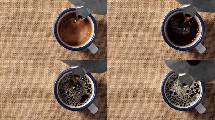 从莫卡壶中倒出的热黑咖啡的俯视图。
