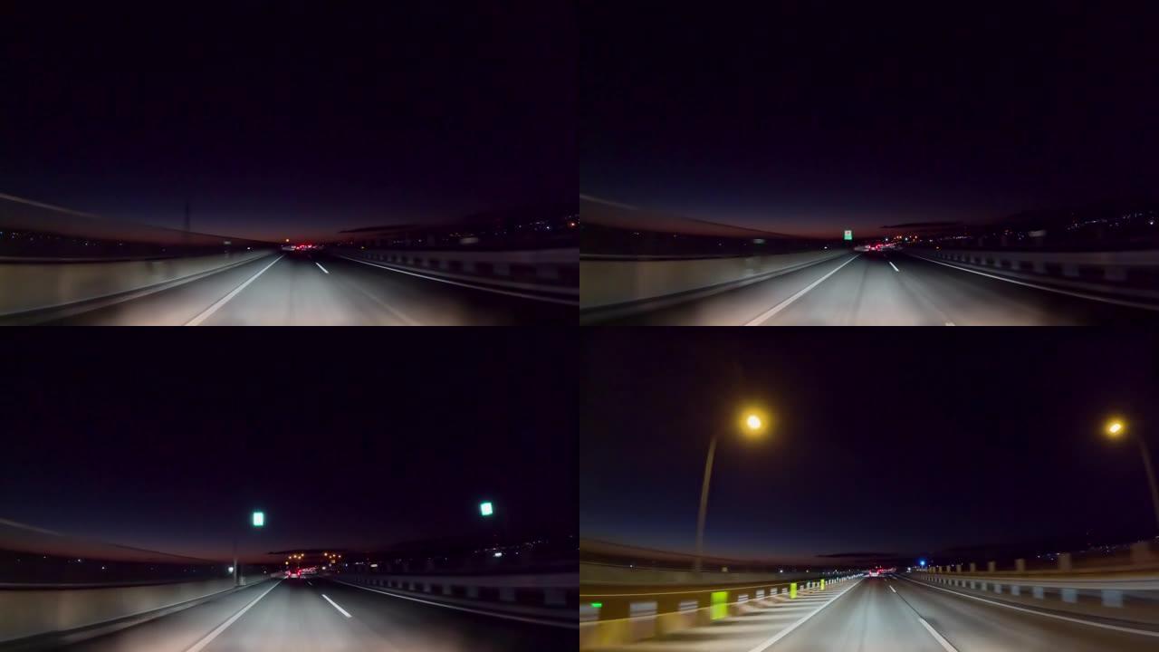 黎明前在高速公路上行驶的汽车的景色