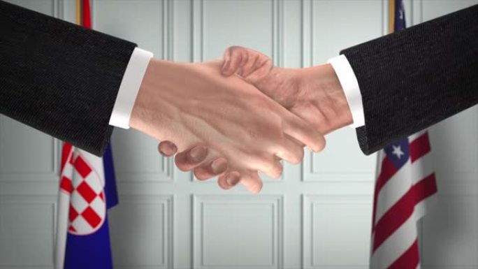 克罗地亚和美国商业伙伴关系协议。国家政府旗帜。官方外交握手说明动画。协议商人握手