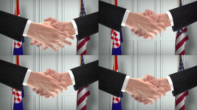 克罗地亚和美国商业伙伴关系协议。国家政府旗帜。官方外交握手说明动画。协议商人握手
