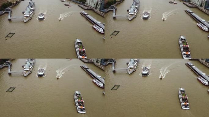 伦敦泰晤士河上客船的静态无人机视图。