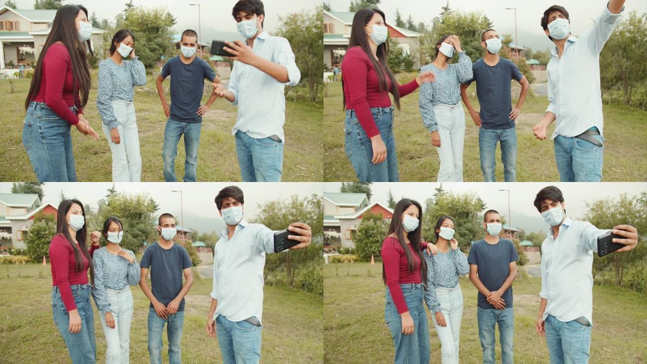 4k的南亚朋友戴着外科口罩走路和自拍