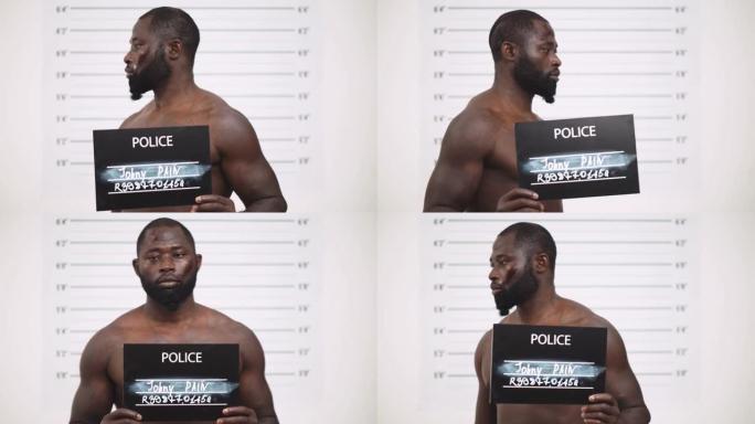 在一个警察局，非洲被逮捕的男子被殴打，正为正面照片摆姿势。