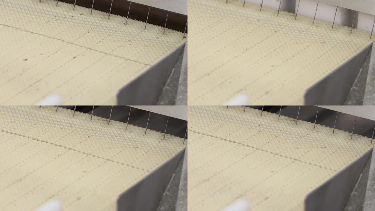 糖果工厂的输送机用巧克力块和组装晶片涂覆晶片板