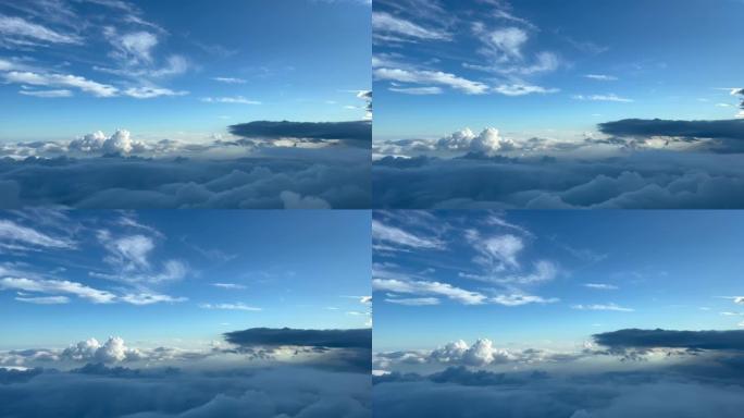 日落前，喷气式飞机驾驶舱飞越汹涌的天空，令人叹为观止。飞行员的观点在10000米高。4K 60 FP