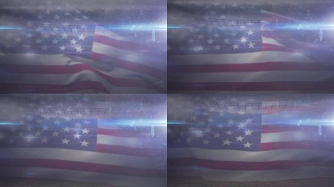 美国国旗漂浮在美国足球体育场的动画