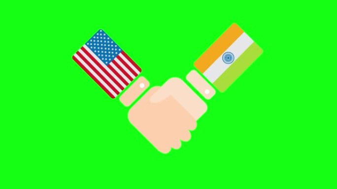 美国(美国)和印度握手，政客会面或合作的概念相关2D卡通动画，孤立在绿色屏幕背景上