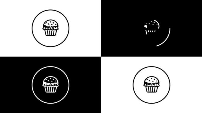 纸杯蛋糕黑白线图标矢量插图在一个圆圈中，用于甜食、甜点、烘焙、松饼、动画、自画