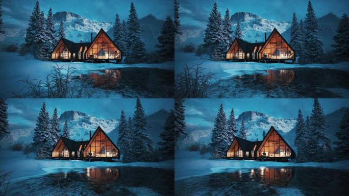 森林里的冬季小屋。黄昏的兰斯开普与冬季小屋。三维可视化