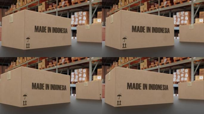 传送带上带有印度尼西亚制造文本的盒子。印度尼西亚商品相关可循环3D动画