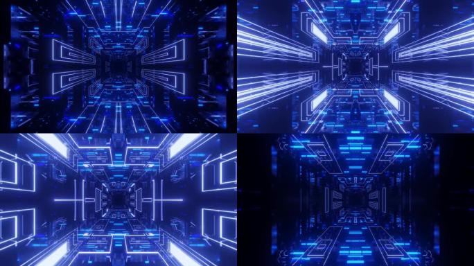 辉光科幻对称结构。Vj环路时尚霓虹灯隧道。高科技霓虹灯tunel。科幻对称地穿越网络空间。电子游戏或
