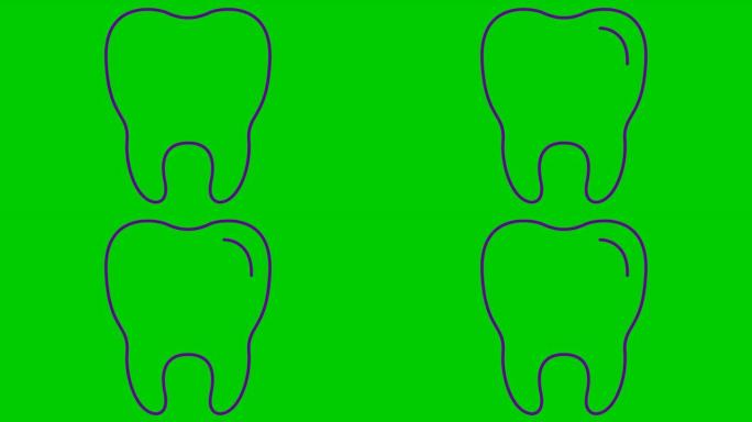 动画牙齿符号是逐渐绘制的。透明牙齿的线性紫色图标。牙科概念。循环视频。矢量插图孤立在绿色背景上。