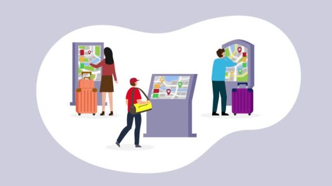 游客在数字互动设备上查看地图