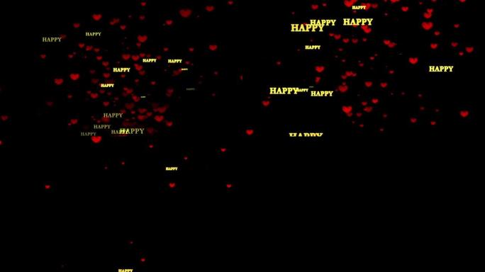动画素材 (黑色背景)，其中红色的心和金色的字母 (快乐) 从底部蓬勃发展
