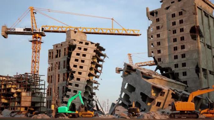 重型建筑机械清理了多层城市建筑遭到恐怖袭击后的破坏