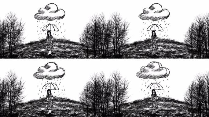 卡通女孩在雨下撑着伞站着，雨只落在她身上，黑白动画，铅笔画，炭笔画
