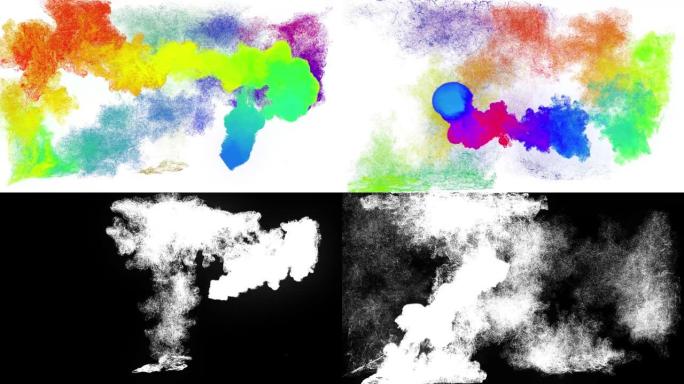 墨水效果。彩色粒子的发射器球在房间周围扫荡，留下粒子漩涡。亮度哑光作为阿尔法通道。白色背景上的彩虹粒