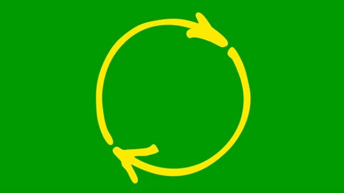 圆形箭头的动画图标。重新加载旋转的黄色符号。循环视频。手绘矢量插图孤立在绿色背景上。