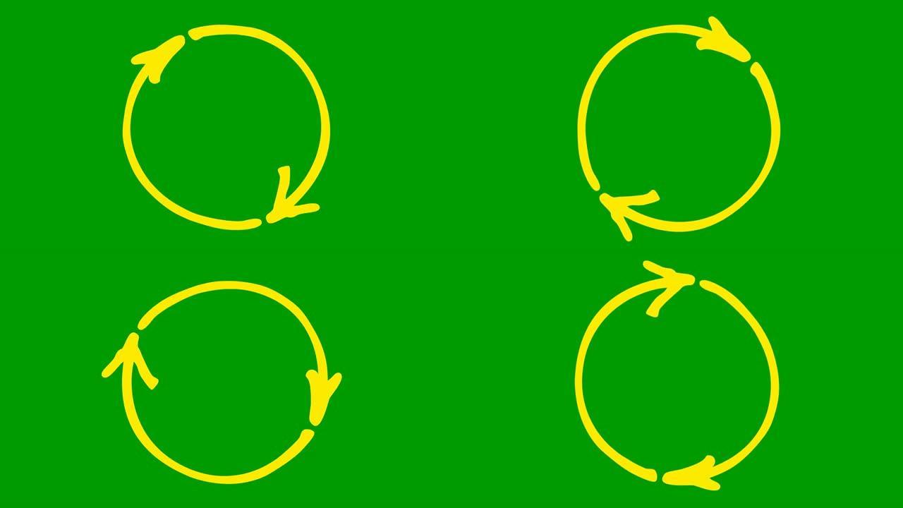 圆形箭头的动画图标。重新加载旋转的黄色符号。循环视频。手绘矢量插图孤立在绿色背景上。