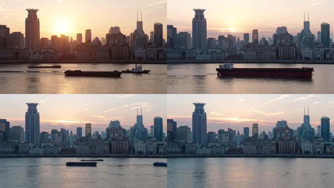 外滩日落的延时镜头，历史地标建筑天际线和黄浦江，太阳落在建筑物后面，船只在河上航行，4k视频。