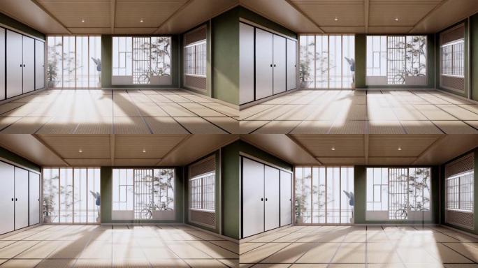 绿色房间日本简约客厅内部，3D渲染