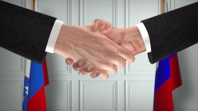 斯洛文尼亚与俄罗斯的协议握手，政治例证。正式会议或合作，商务见面。商人和政客握手