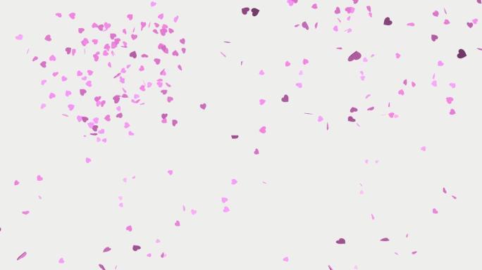 白色背景上的粉红色心形爆炸。心脏五彩纸屑。情人节的节日效果。3D动画