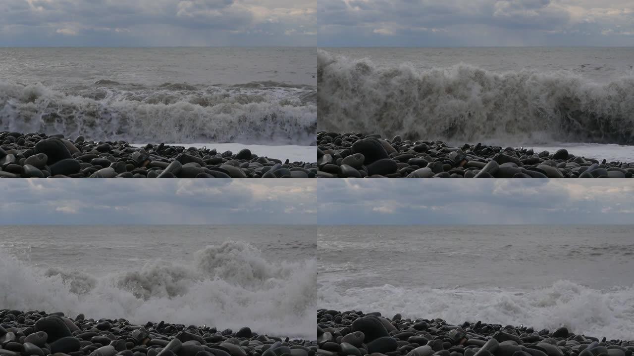 大浪正在袭击海岸。汹涌的暴风雨大海。