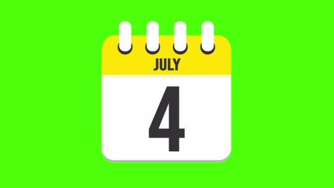 7月4日。日历出现，页面下降到7月4日。绿色背景，色度键 (4k循环)