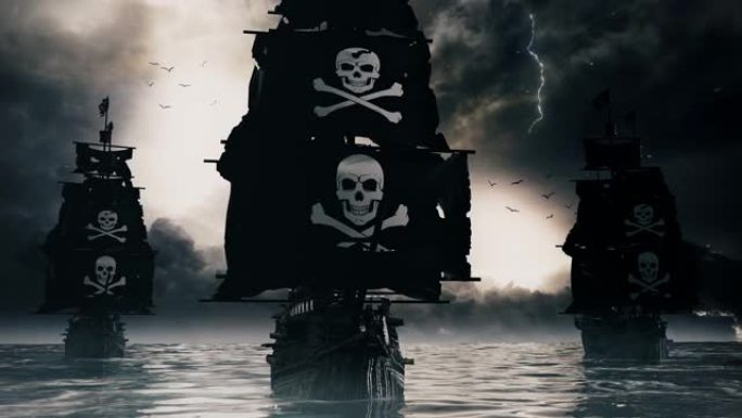 3D快乐罗杰海盗帆船在海洋环景观背景中航行