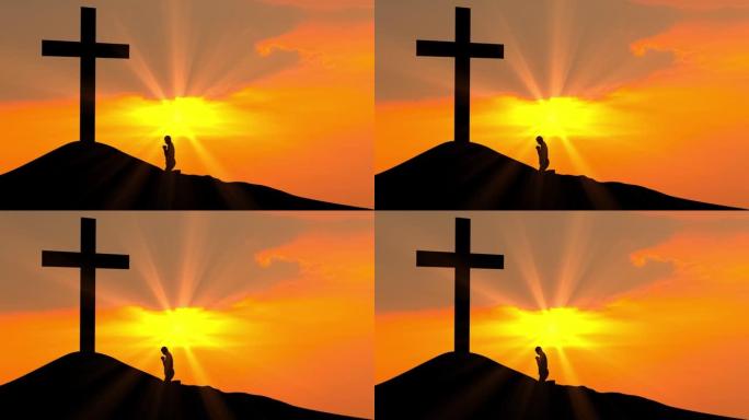 基督教男子在日落时向十字架祈祷