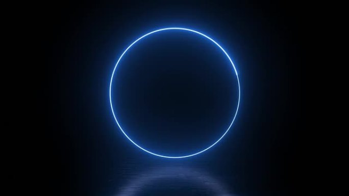3d视频渲染，圆圈在黑暗中发光，蓝色霓虹灯，照亮框架设计。抽象宇宙充满活力的彩色方形背景。发光的霓虹