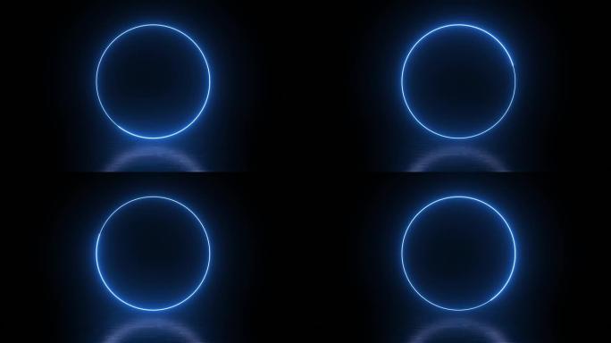 3d视频渲染，圆圈在黑暗中发光，蓝色霓虹灯，照亮框架设计。抽象宇宙充满活力的彩色方形背景。发光的霓虹
