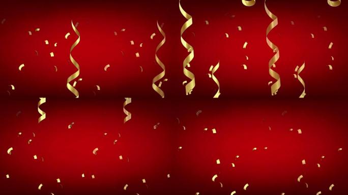 动画金色丝带，红色背景，用于设计圣诞节或新年模板。