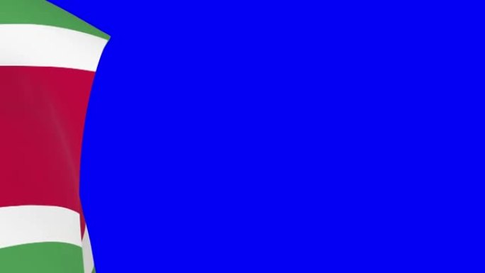 苏里南挥舞国旗过渡。苏里南国旗4k和1080高清镜头在蓝色屏幕chromakey。三维渲染
