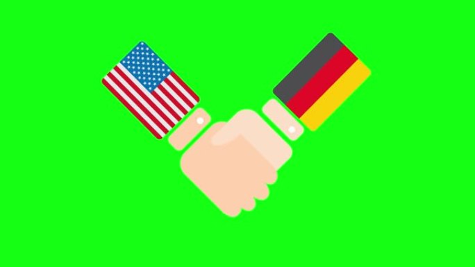 美国(美国)和德国握手，概念政治家会议或合作相关的2D卡通动画，孤立在绿色屏幕背景上