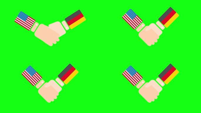 美国(美国)和德国握手，概念政治家会议或合作相关的2D卡通动画，孤立在绿色屏幕背景上