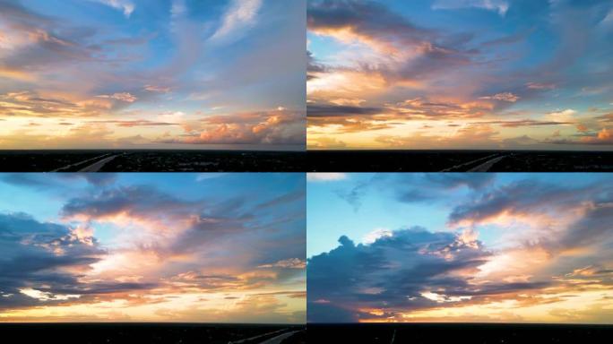 日落时分，佛罗里达州朱庇特邻里镇的城市景观，白云密布