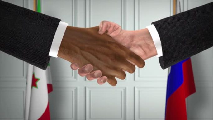 布隆迪与俄罗斯协议握手，政治说明。正式会议或合作，商务见面。商人和政客握手