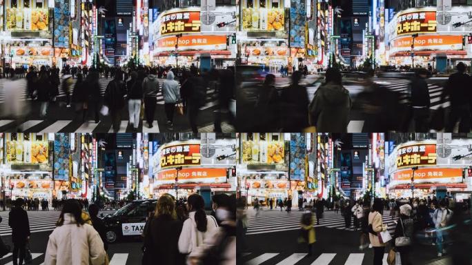 日本人的夜景，亚洲旅行者过马路，东京新宿歌舞伎町区哥斯拉街汽车交通。亚洲旅游或日本交通