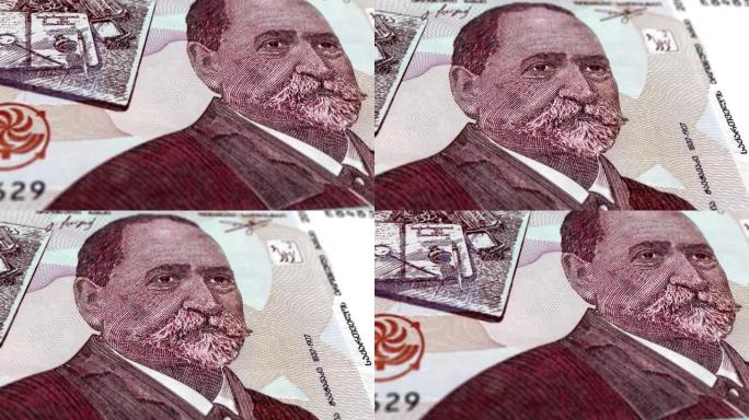 格鲁吉亚格鲁吉亚拉里20钞票，20格鲁吉亚拉里，格鲁吉亚拉里的特写和宏观视图，跟踪和多利镜头20格鲁